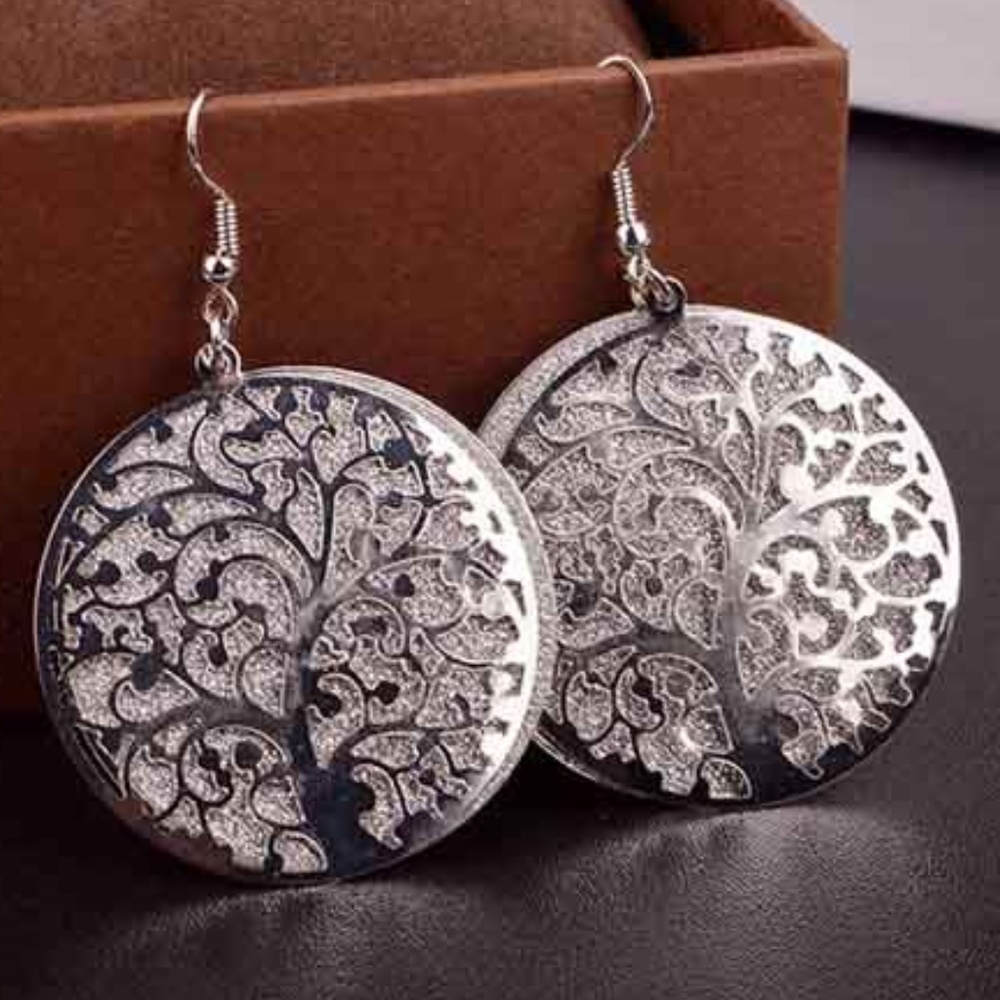 Sparkly Tree Of Life Hollow Silver Tone Earrings